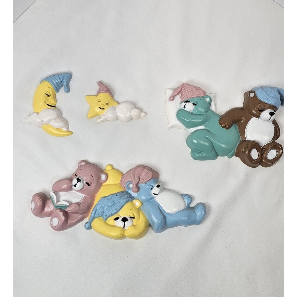 Vintage Burwood Teddy Bear Nursery Wall Decor Set Moon Star Sleeping Bears Lot